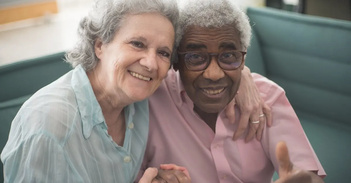 An older couple smiling warmly together, comfortable and at ease